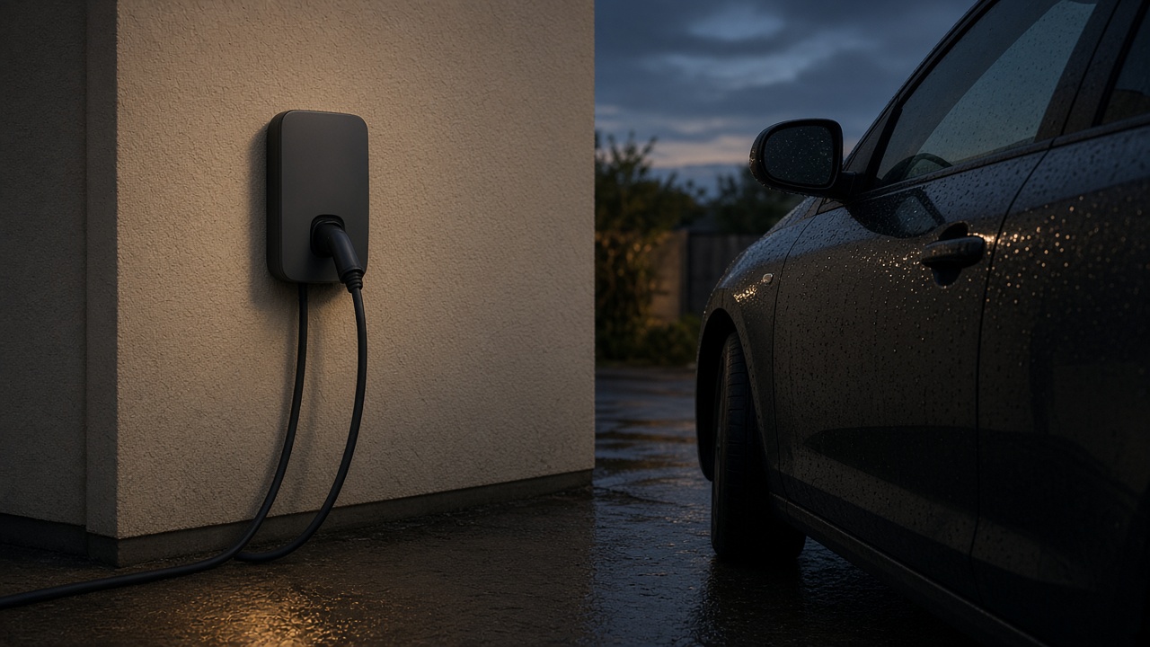 Een laadkabel in een eenvoudige wallbox bij schemer