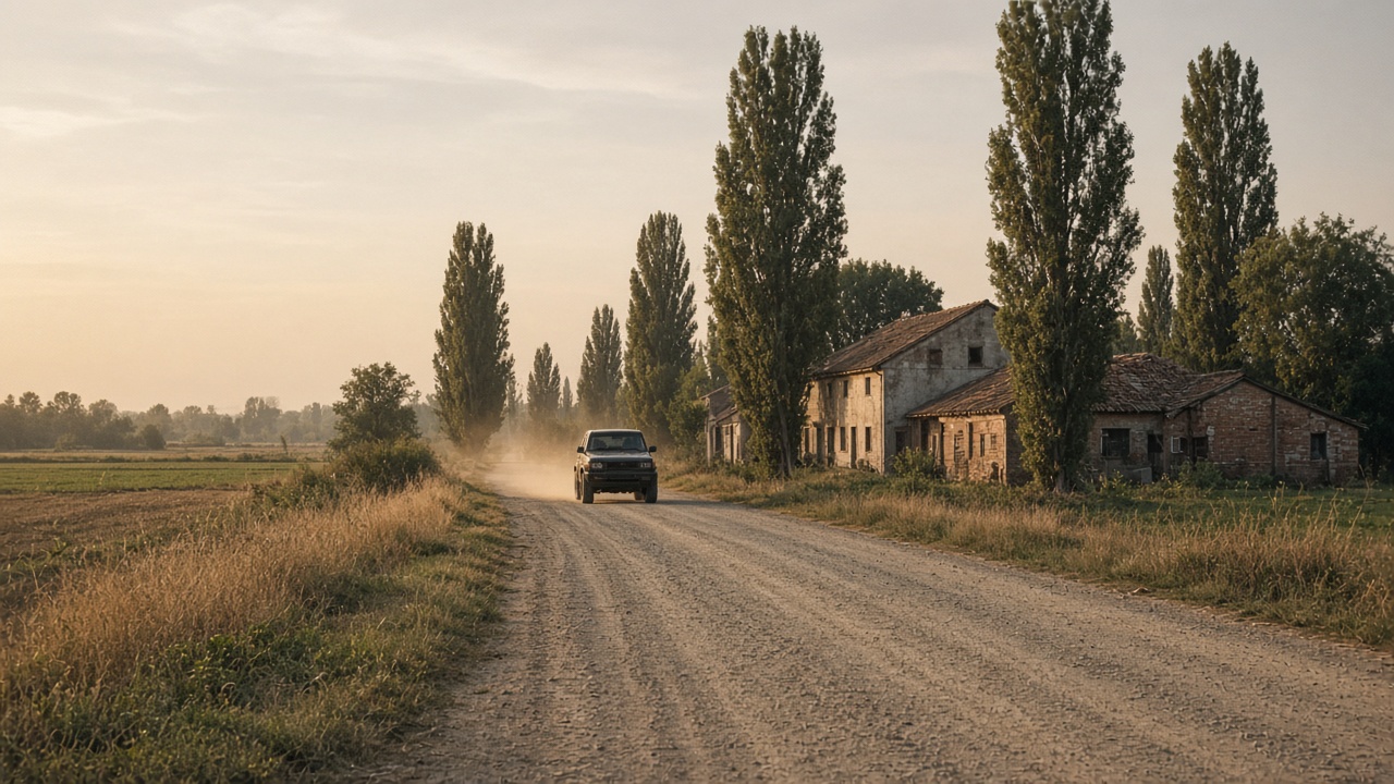 Een hoge donkere wagen op een vlakke landweg