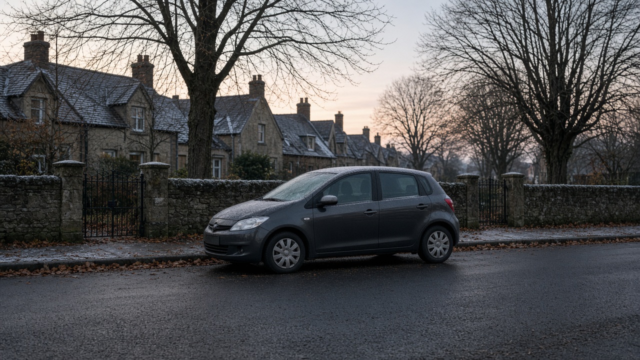 Een compacte wagen op een berijpte woonstraat in het ochtendlicht