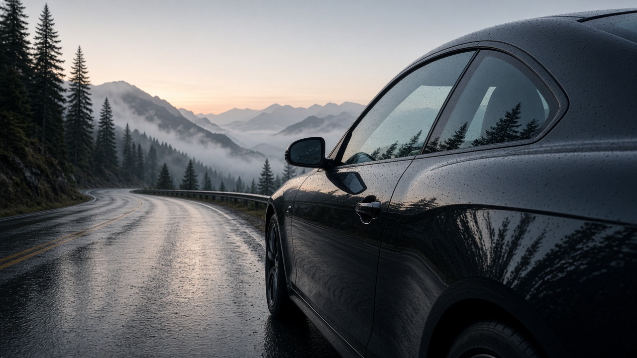 Een lage coupé op een weg bij dageraad